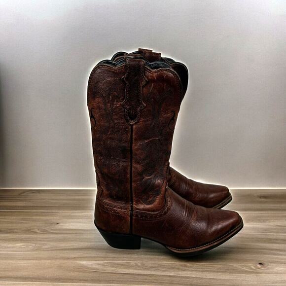 Justin Boots Girls 7 Brown Leather Western Cowboy Boots Pointed Toe Low Heel - Picture 3 of 11